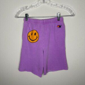 Aviator Nation Kids Sweatshorts 12 FLAWED Purple Smiley Face Casual Soft Lounge